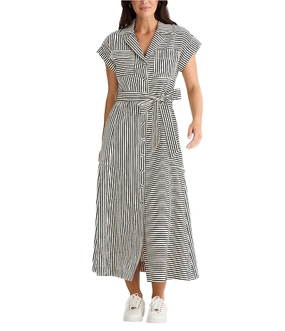 Brave + True Portia Short Cuffed Sleeve Striped Collared Button Front A-Line Midi Dress