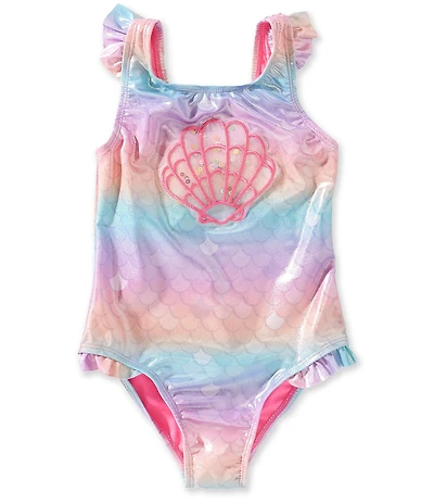 Breaking Waves Little Girls Foiled Ombre/Sequined-Shell-Applique One-Piece Swimsuit