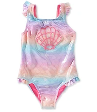 Breaking Waves Little Girls Foiled Ombre/Sequined-Shell-Applique One-Piece Swimsuit