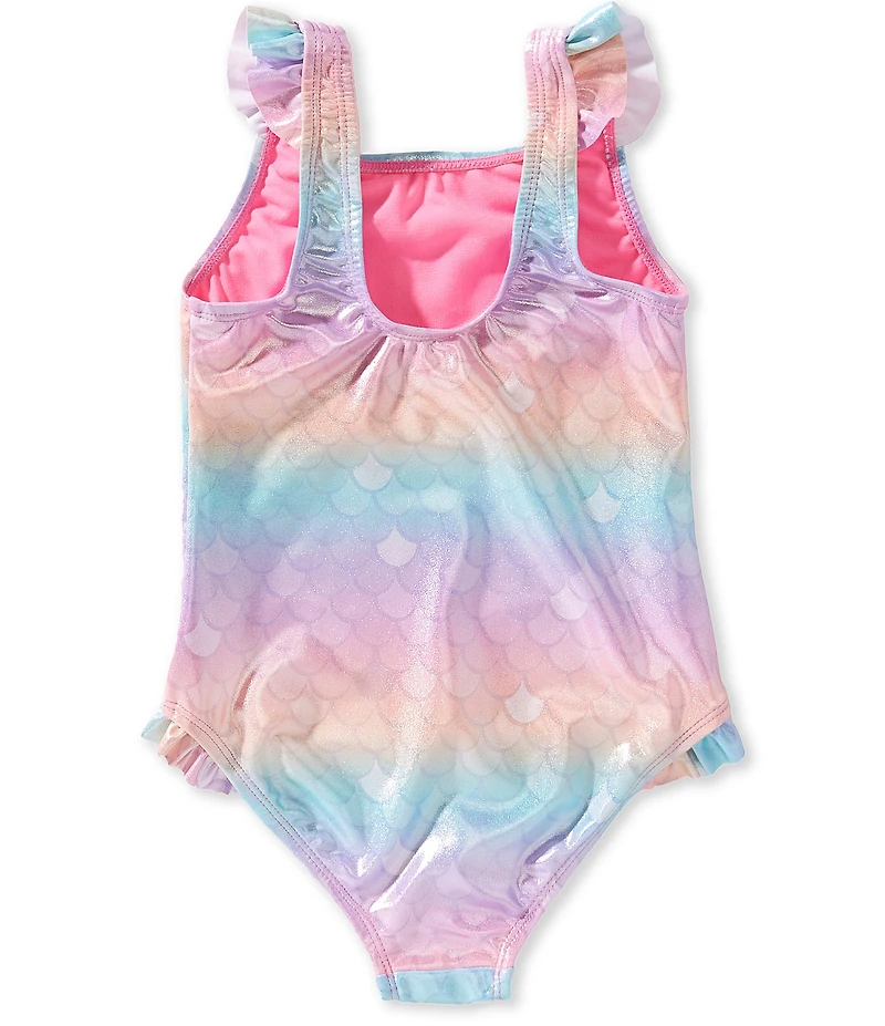 Breaking Waves Little Girls Foiled Ombre/Sequined-Shell-Applique One-Piece Swimsuit