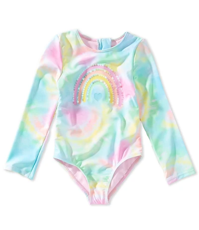 Breaking Waves Little Girls Long Sleeve Tie-Dye Rainbow-Motif One-Piece Swimsuit
