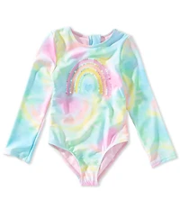 Breaking Waves Little Girls Long Sleeve Tie-Dye Rainbow-Motif One-Piece Swimsuit