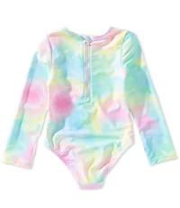 Breaking Waves Little Girls Long Sleeve Tie-Dye Rainbow-Motif One-Piece Swimsuit