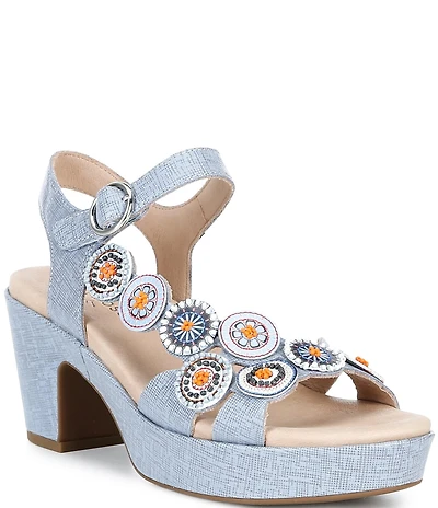 Brioso Brylee Printed Leather Disk Embellished Cork Platform Sandals