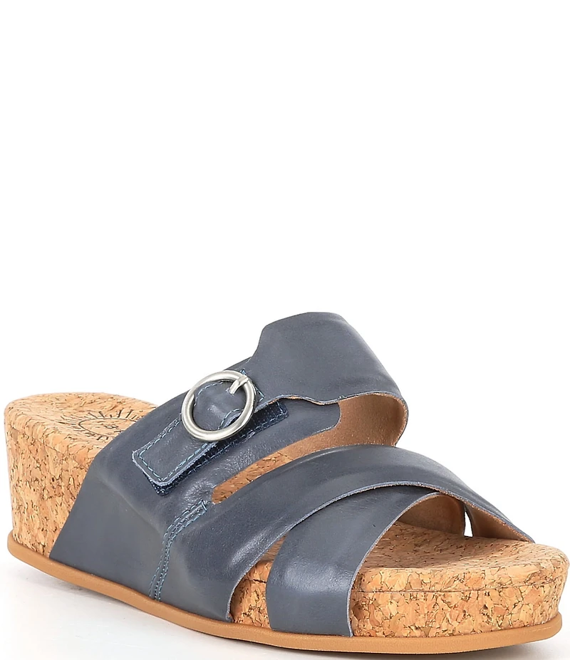Brioso Ladera Leather Crossband Cork Wedge Slide Sandals