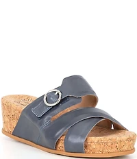 Brioso Ladera Leather Crossband Cork Wedge Slide Sandals