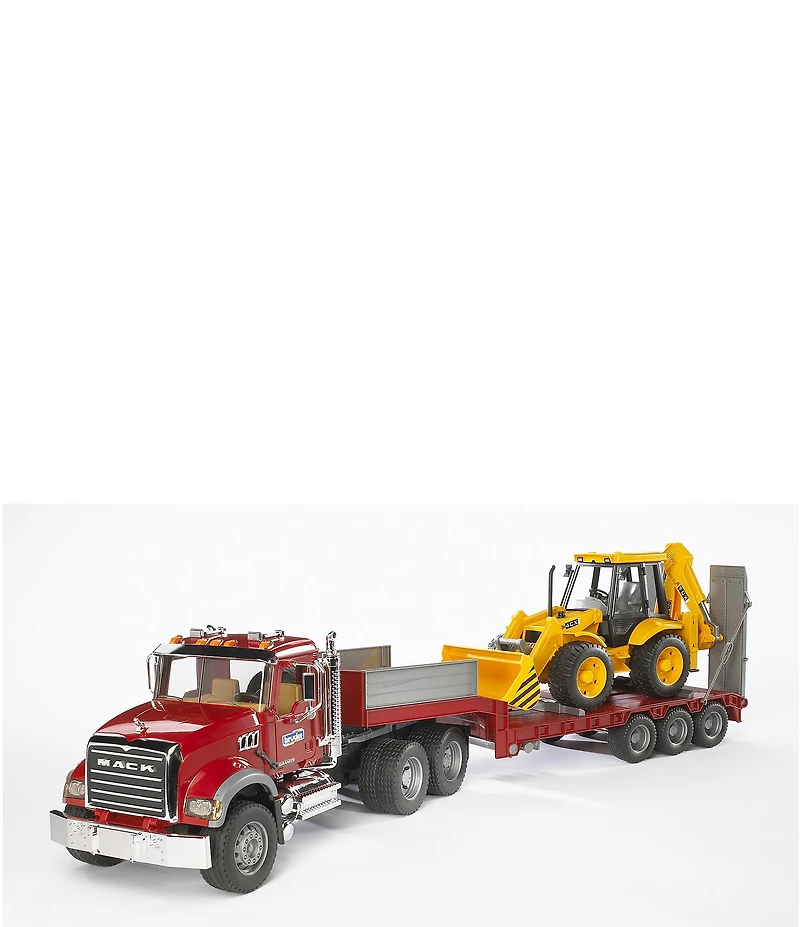 Bruder Toy Mack Truck Granite Flatbed Truck With JCB Loader Backhoe