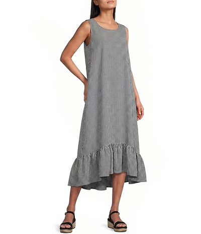 Bryn Walker Angelina Check Seersucker Round Neck Sleeveless High-Low Ruffle Hem Dress