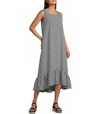 Bryn Walker Angelina Check Seersucker Round Neck Sleeveless High-Low Ruffle Hem Dress