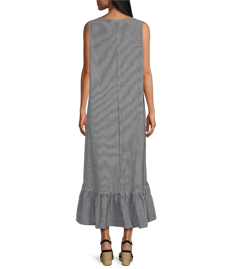 Bryn Walker Angelina Check Seersucker Round Neck Sleeveless High-Low Ruffle Hem Dress