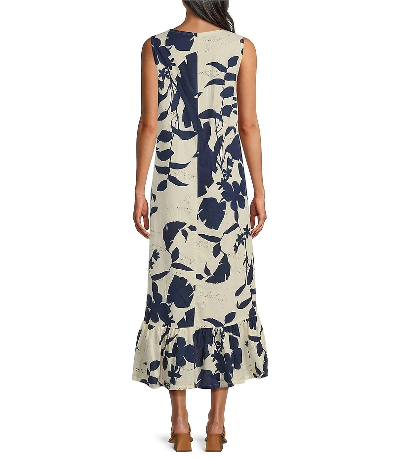 Bryn Walker Angelina Foglie Print Round Neck Sleeveless High-Low Ruffle Midi Dress