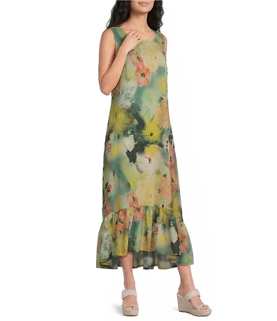 Bryn Walker Angelina Giardino Print Round Neck Sleeveless High-Low Ruffle Dress
