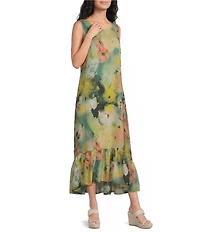 Bryn Walker Angelina Giardino Print Round Neck Sleeveless High-Low Ruffle Dress