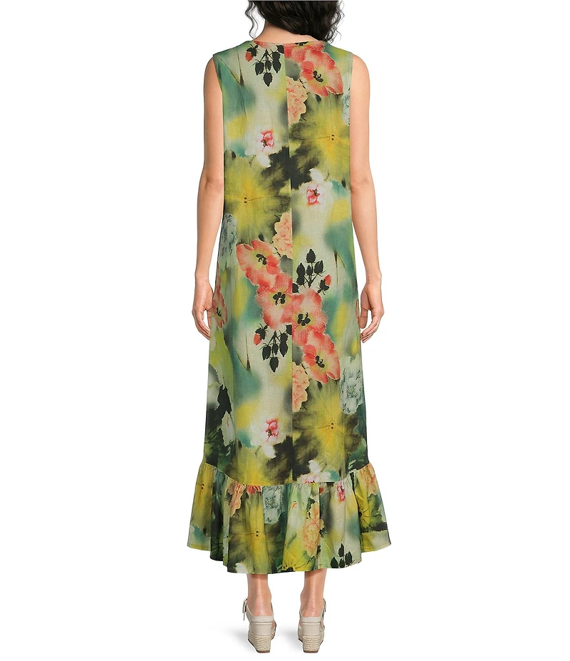 Bryn Walker Angelina Giardino Print Round Neck Sleeveless High-Low Ruffle Dress