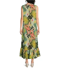 Bryn Walker Angelina Giardino Print Round Neck Sleeveless High-Low Ruffle Dress