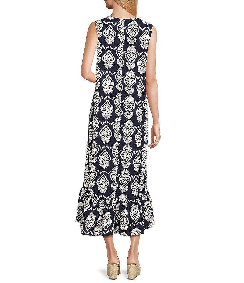 Bryn Walker Angelina Tulum Print Round Neck Sleeveless High-Low Ruffle Midi Dress