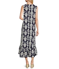 Bryn Walker Angelina Tulum Print Round Neck Sleeveless High-Low Ruffle Midi Dress