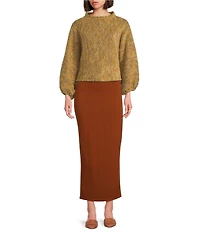 Bryn Walker Anna Virgin Wool Blend Knit Crew Neck Long Gathered Cuff Sleeve Sweater