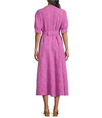 Bryn Walker Augustina Floral Cotton Jacquard Banded Collar Elbow Sleeve Button Front Maxi Dress