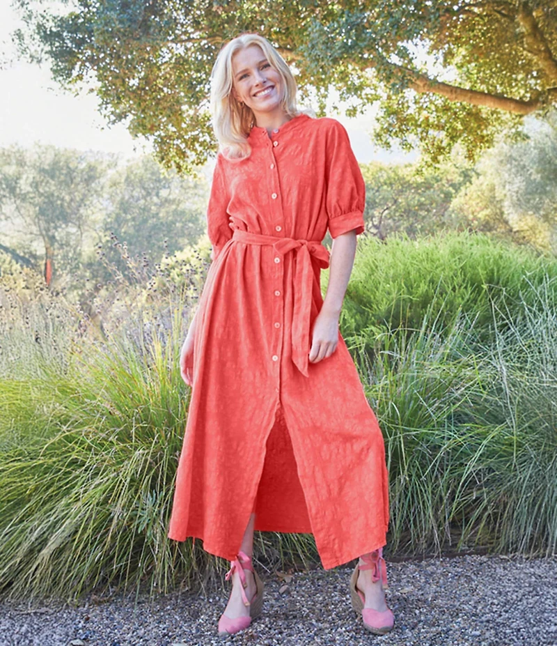 Bryn Walker Augustina Floral Cotton Jacquard Banded Collar Elbow Sleeve Button Front Maxi Dress