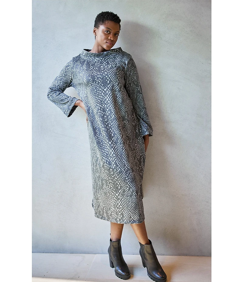 Bryn Walker Avila Serpent Recycled Knit Banded Crew Neck Long Sleeve A-Line Midi Dress