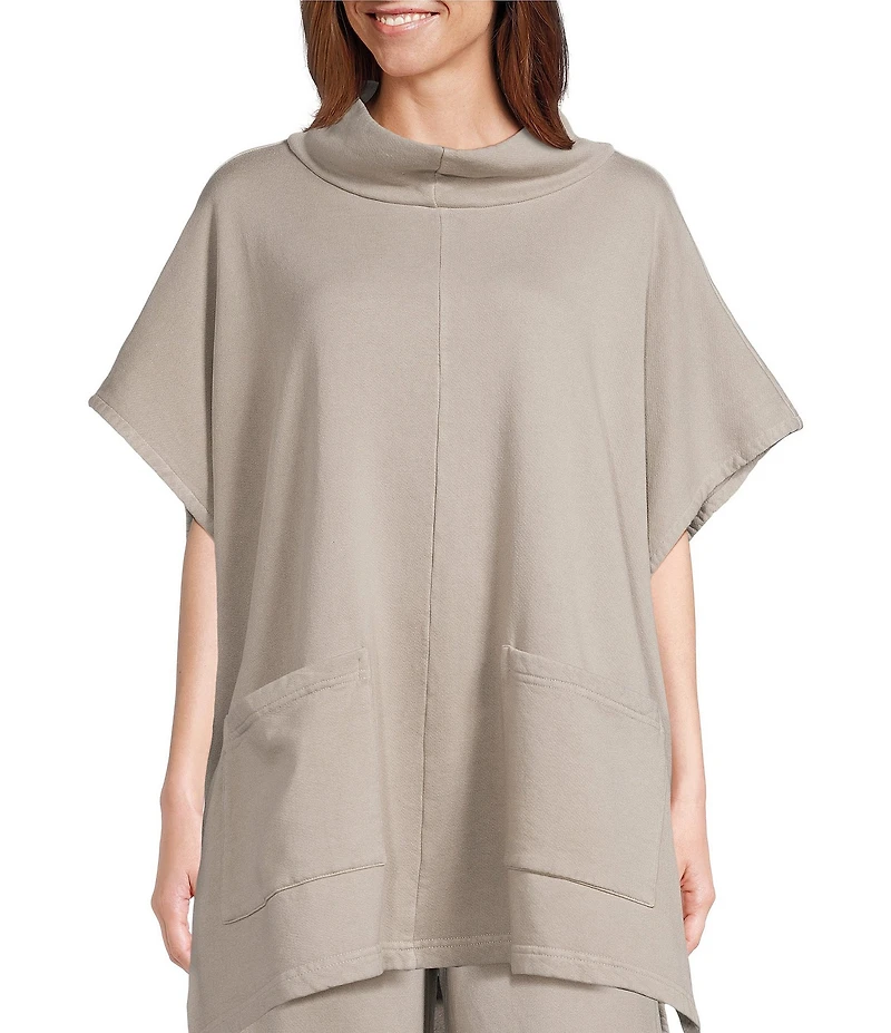 Bryn Walker Bamboo Organic Cotton Fleece Mock Neck Cap Sleeve Patch Pocket Poncho