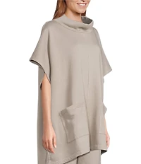Bryn Walker Bamboo Organic Cotton Fleece Mock Neck Cap Sleeve Patch Pocket Poncho