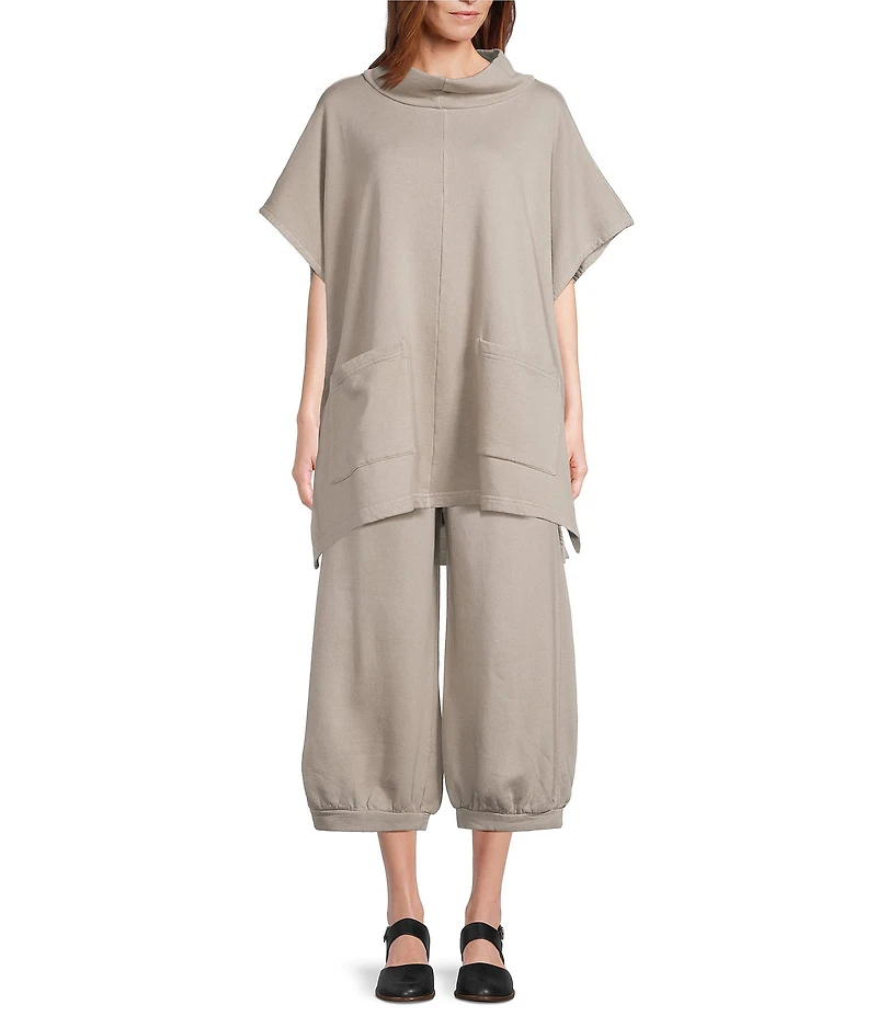 Bryn Walker Bamboo Organic Cotton Fleece Mock Neck Cap Sleeve Patch Pocket Poncho