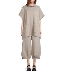 Bryn Walker Bamboo Organic Cotton Fleece Mock Neck Cap Sleeve Patch Pocket Poncho