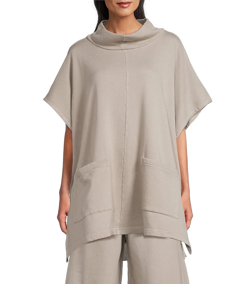 Bryn Walker Bamboo Organic Cotton Fleece Mock Neck Cap Sleeve Patch Pocket Poncho