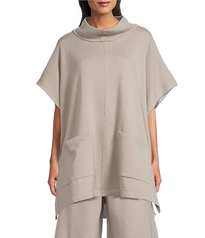 Bryn Walker Bamboo Organic Cotton Fleece Mock Neck Cap Sleeve Patch Pocket Poncho
