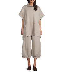 Bryn Walker Bamboo Organic Cotton Fleece Mock Neck Cap Sleeve Patch Pocket Poncho