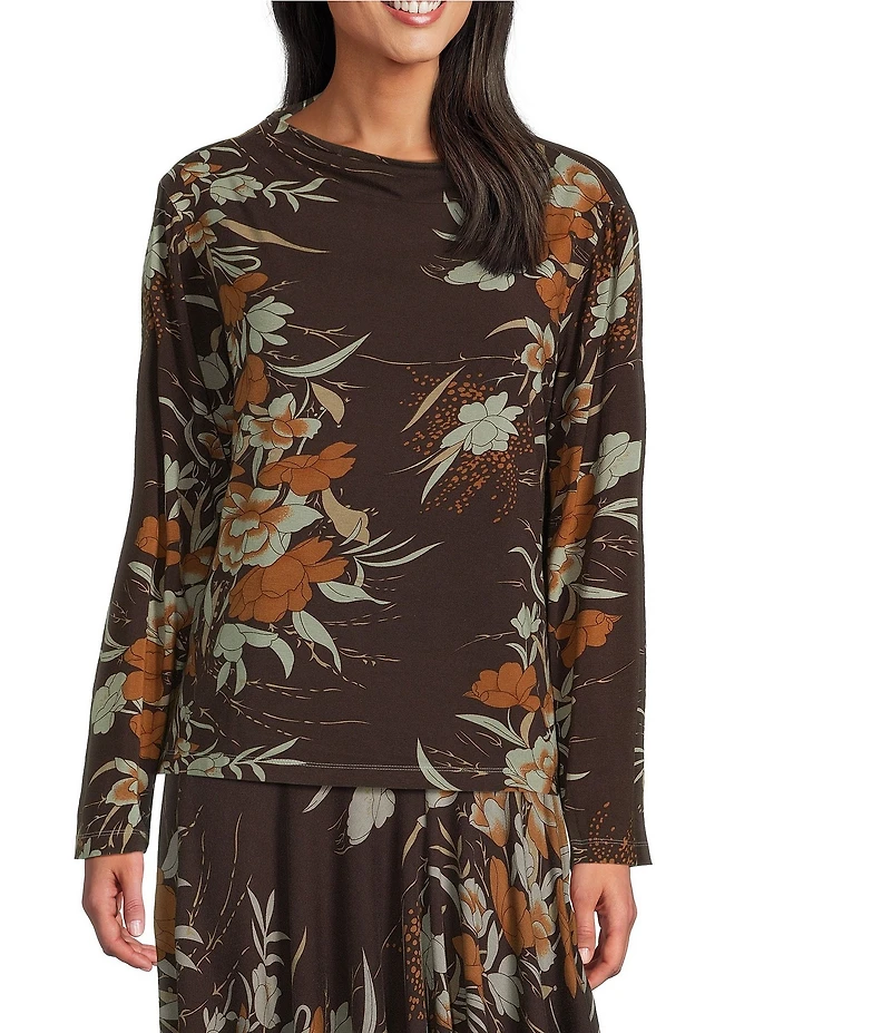 Bryn Walker Belen Fiori Print Coordinating Viscose Jersey Drape Neck Long Sleeve Shirt