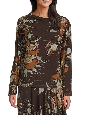 Bryn Walker Belen Fiori Print Coordinating Viscose Jersey Drape Neck Long Sleeve Shirt