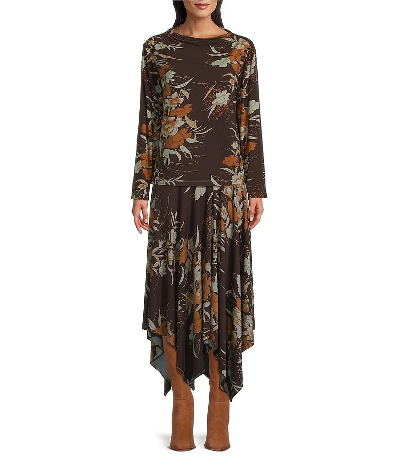 Bryn Walker Belen Fiori Print Coordinating Viscose Jersey Drape Neck Long Sleeve Shirt