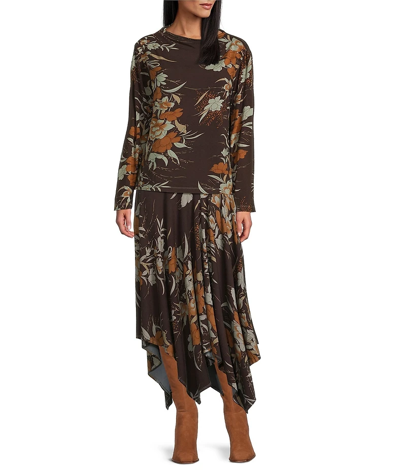 Bryn Walker Belen Fiori Print Coordinating Viscose Jersey Drape Neck Long Sleeve Shirt
