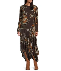 Bryn Walker Belen Fiori Print Coordinating Viscose Jersey Drape Neck Long Sleeve Shirt