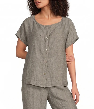 Bryn Walker Bessie Cross-Dyed Linen Round Neck Cap Sleeve Shirt