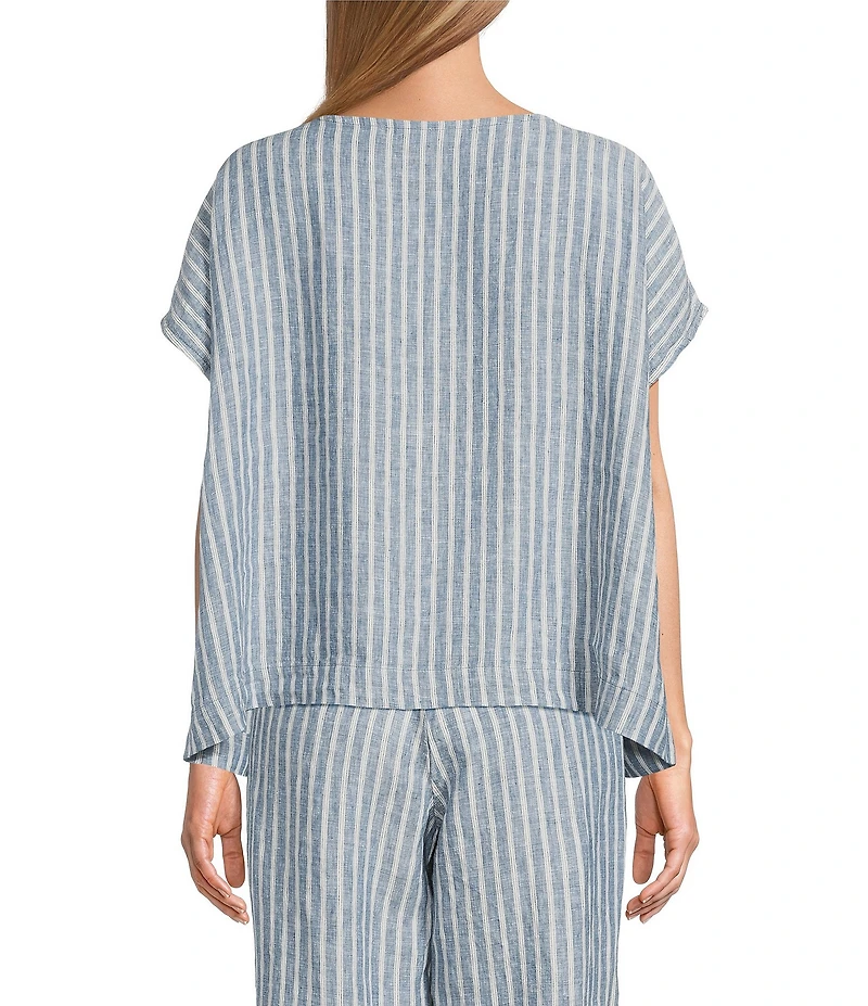 Bryn Walker Bessie Stripe Linen Round Neck Cap Sleeve Button Front Coordinating Shirt