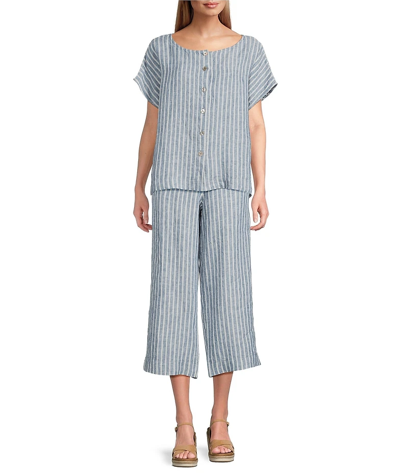 Bryn Walker Bessie Stripe Linen Round Neck Cap Sleeve Button Front Coordinating Shirt