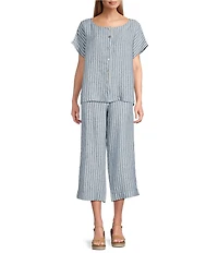 Bryn Walker Bessie Stripe Linen Round Neck Cap Sleeve Button Front Coordinating Shirt
