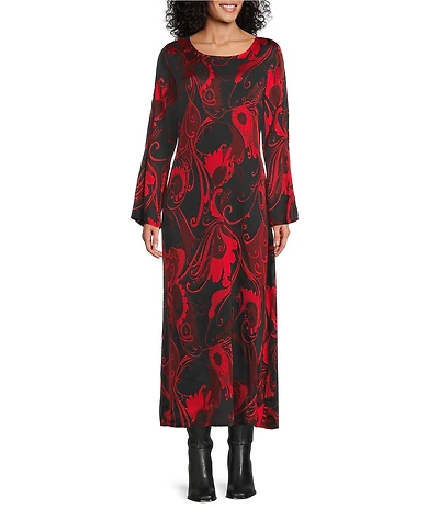 Bryn Walker Calista Giardina Printed Satin Boat Neck Long Sleeve Midi Dress