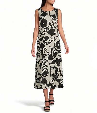 Bryn Walker Chloe Avorio Nero Print Round Neck Sleeveless Ruffle Hem Maxi Dress
