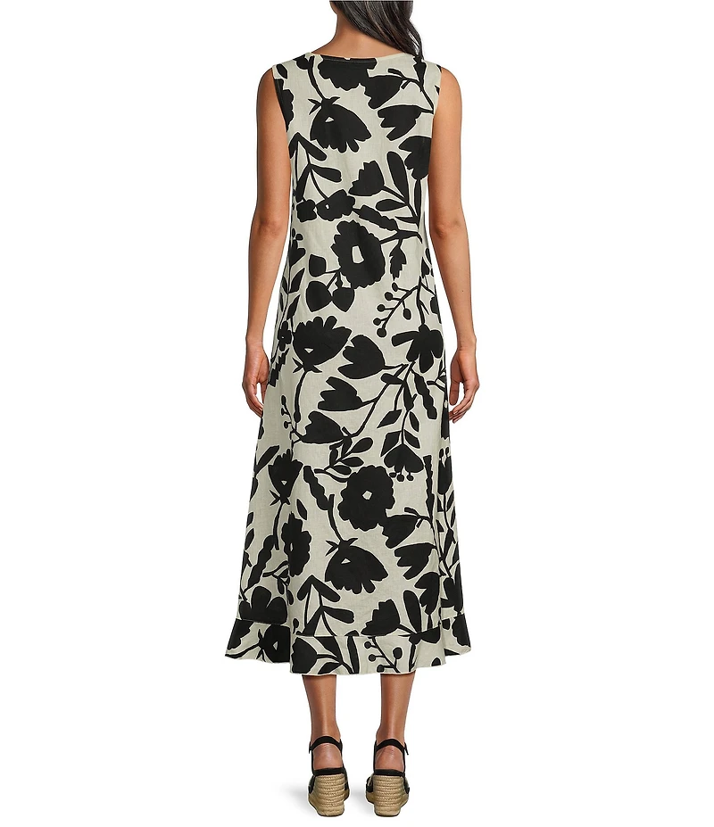 Bryn Walker Chloe Avorio Nero Print Round Neck Sleeveless Ruffle Hem Maxi Dress
