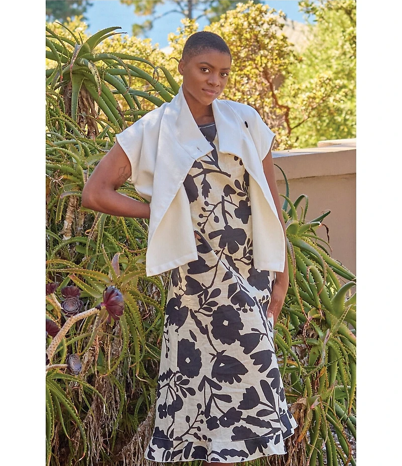Bryn Walker Chloe Avorio Nero Print Round Neck Sleeveless Ruffle Hem Maxi Dress