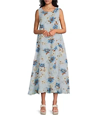 Bryn Walker Chloe Magnolia Print Linen Round Neck Sleeveless Ruffle Hem Maxi Dress