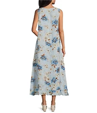 Bryn Walker Chloe Magnolia Print Linen Round Neck Sleeveless Ruffle Hem Maxi Dress