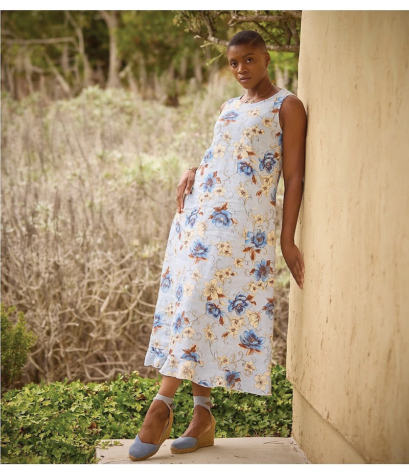 Bryn Walker Chloe Magnolia Print Linen Round Neck Sleeveless Ruffle Hem Maxi Dress