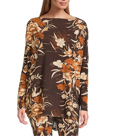 Bryn Walker Coordinating Fiori Print Viscose Jersey Boat Neck Long Dolman Sleeve Dimirti Tunic
