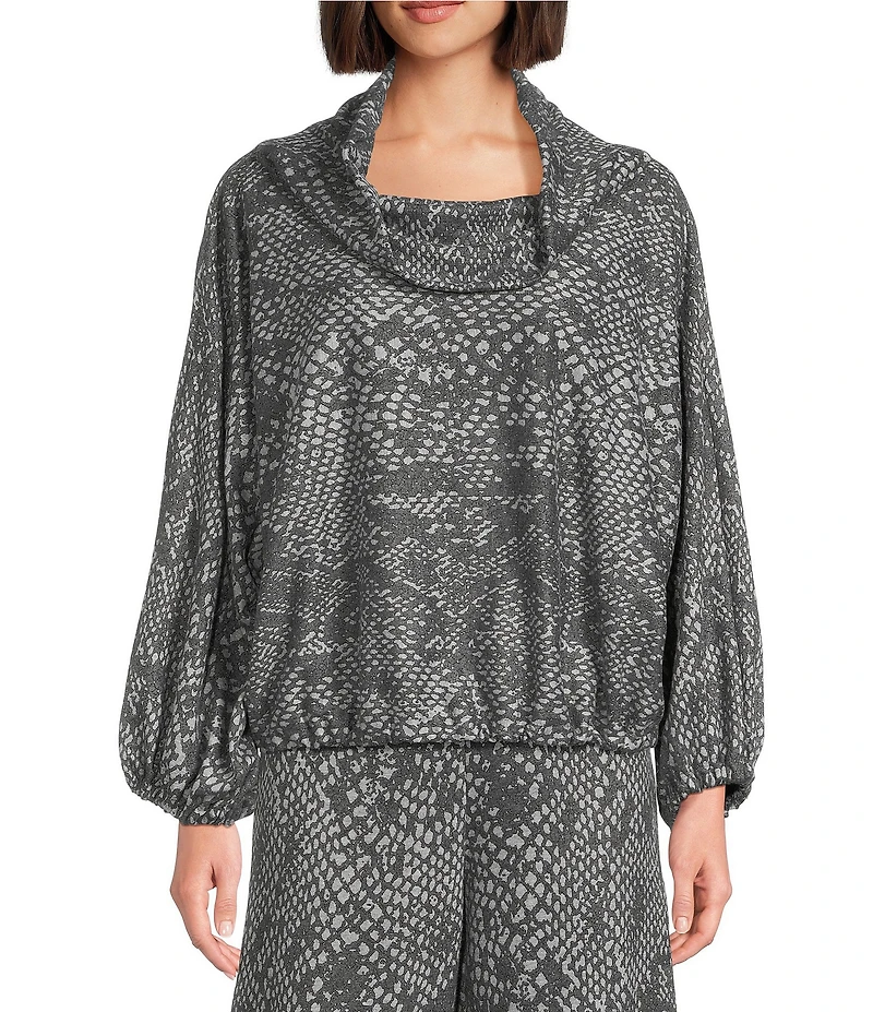 Bryn Walker Coordinating Serpent Print Recycled Knit Cowl Neck Long Sleeve Elastic Trim Giovanna Shirt